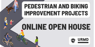Image of bicyclists and walkers with text "Pedestrian and Biking Improvement Projects Online Open House"