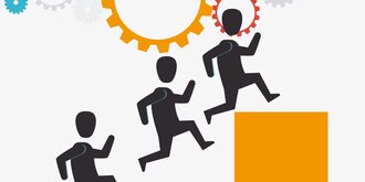 People running up pillars to achieve a goal.