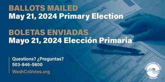 Image of flyer stating that ballots for the May Primary 2024 have been sent out via mail.