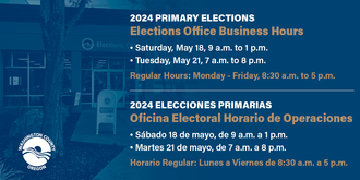 Picture of Washington County Elections Office with text in both English and Spanish. English text says '2024 May Primary. Elections Office will open Saturday, May 18, from 9 a.m. to 1p.m. and on election day, Tuesday, May 21, from 7 a.m. to 8 p.m. to assist voters. Stop by anytime during regular business hours: Monday through Friday, from 8:30 a.m. to 5 p.m.'