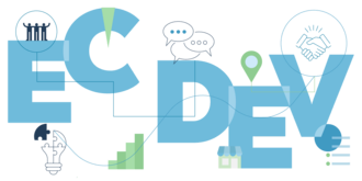 Ec Dev logo in blue surrounded by dark blue and green icons of people, location, chat bubble, ideas bulb, and small business