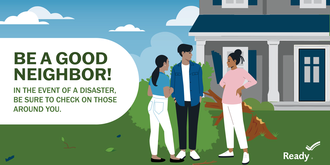 Three cartoon style young adults talk together as a group in front of a gray house with navy blue shutters.