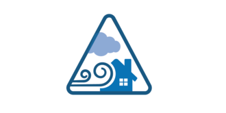 A large curling swirl cuts into the left half of a light blue house while a gray cloud floats on top showing a bad windstorm damaging a house. This picture has a dark blue triangle around it