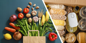 food assistance grocery bag with fresh vegetable and a box of dry goods, grains, and tinned food