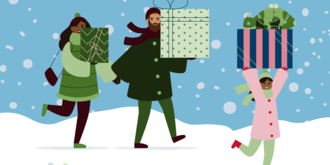 Two adults and a child with light to medium skin tones are wearing large winter jackets, scarves, and hats, while walking in the snow and carrying large wrapped presents