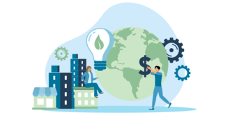 Collage of commercial buildings, the earth, gears. Lady sitting holding a lightbulb with a leaf and man holding a dollar sign. 