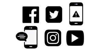 icons for social media applications, an emergency alert on phone, and a text message on phone