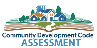logo for the CDC Assessment showing an open book with grass, paths, trees, homes and buildings popping out.