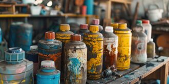 Wooden table covered in paint bottles with paint spilling over edges