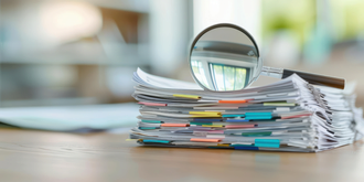 A stack of paper clipped color tabbed documents with a magnifying glass on top of them.