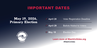 Important dates for the May 19, 2026, Primary Election. April 28 is the voter registration deadline. Ballots will be mailed to voters on April 29, and May 19 is election day. Learn more at WashCoVotes.org