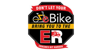 An e-bike and ambulance icon inside an octagon with text: 'Don't let your eBike bring you to the ER. Crashes hit harder.'