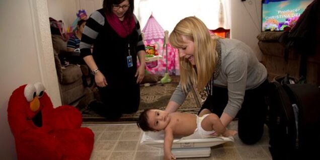a baby being weighed on a scale