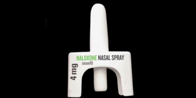 A single naloxone supply against black background. 