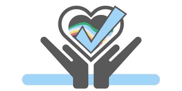 Helping Hands Holding Heart with DD colors and Checkmark indicating approved