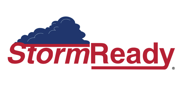 Red text that read Storm Ready with a dark blue cloud over the word strom