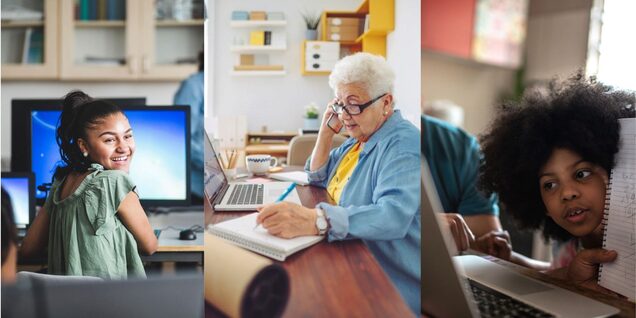 Collage of teenage girl in school, older woman with a laptop at home, and boy at home completing homework