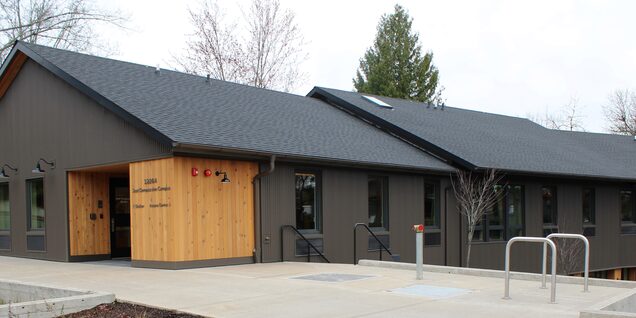 An exterior overall view of the Just Compassion Access Center in Tigard