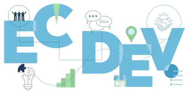Ec Dev logo in blue surrounded by dark blue and green icons of people, location, chat bubble, ideas bulb, and small business