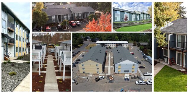 A collage of views showing the renovated affordable housing properties