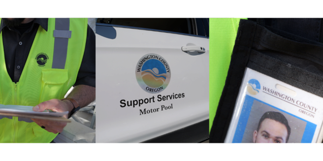 yellow vest with County logo, County car and County photo ID