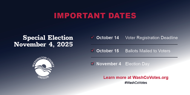 November 4, 2025, Special Election important dates to remember. October 14 is the voter registration deadline. Ballots will be mailed to voters beginning October 15. November 4 is Election Day.