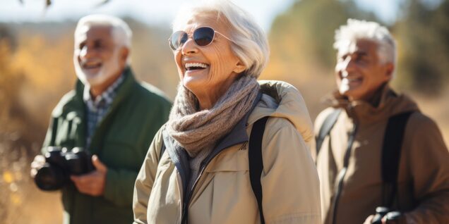 Three older adults with binoculars smiling, watching birds