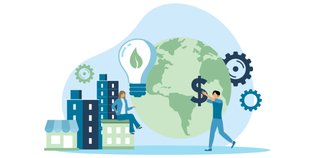 Collage of commercial buildings, the earth, gears. Lady sitting holding a lightbulb with a leaf and man holding a dollar sign. 