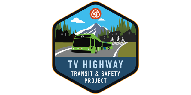 Illustration of a green TriMet FX bus in the foreground with mountains and pedestrians in background. 