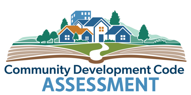 logo for the CDC Assessment showing an open book with grass, paths, trees, homes and buildings popping out.