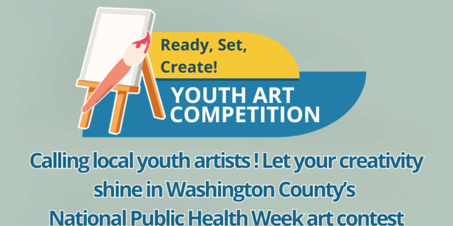 A banner inviting people to participate in Washington County Public Health's Youth Art Competition, with words accompanied by illustrations of a painting canvas and paintbrush. 