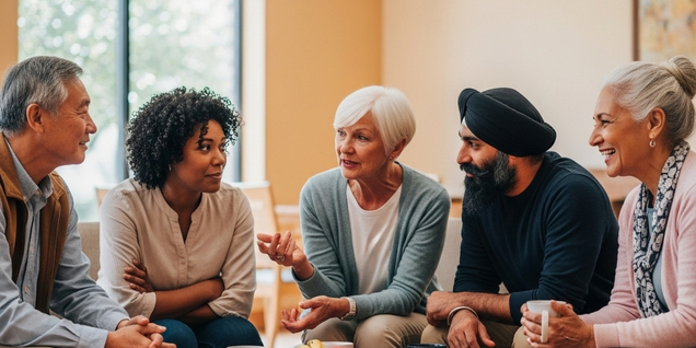 Five older adults sitting, talking and smiling