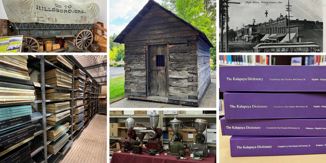 Historical collection collage of a covered wagon, artifacts, archival stacks and books. 