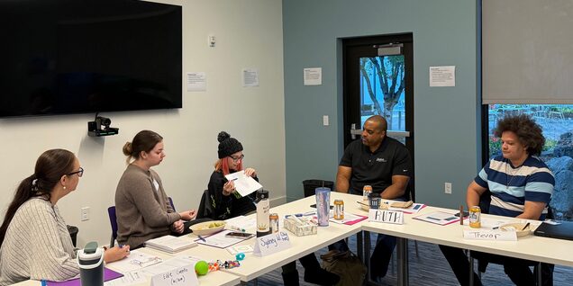 4 CAB Members in a group activity with 1 facilitator