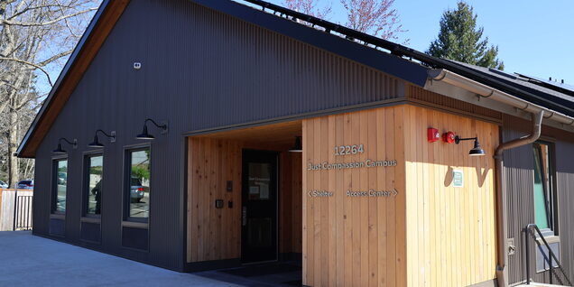 An exterior overall view of the Just Compassion Access Center in Tigard