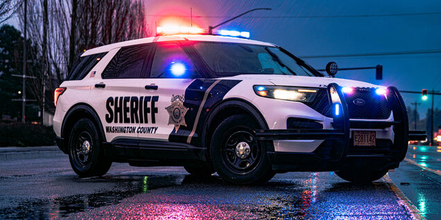 WCSO patrol car with red and blue lightbar illuminated against wet pavement on a rainy night
