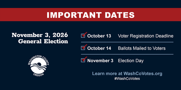 Important dates for the November 3, 2026, General Election. October 13 is the voter registration deadline. Ballots will be mailed to voters on October 14, and November 3 is election day. Learn more at WashCoVotes.org