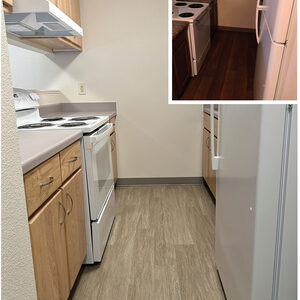 An Aloha Park kitchen before and after view of the AHP Phase I renovations