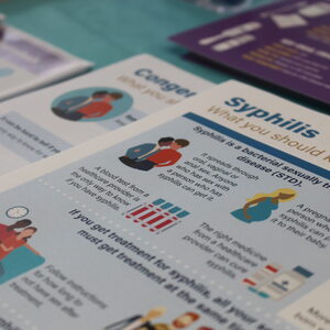 An informational flyer with the word "Syphilis" printed on the top left, followed by details about condition. 