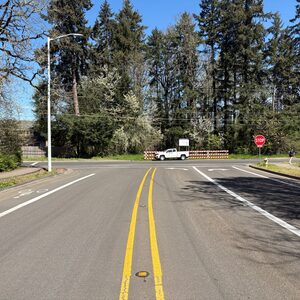 Century Boulevard and Lois Street intersection with barricades where the street will be realigned