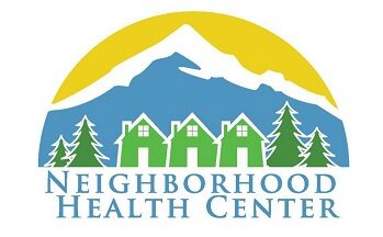 Visual of homes and pine trees beside them, with a mountain and sun behind them. 