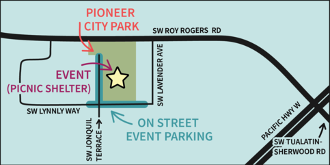 Map showing Pioneer City Park event shelter and on-street parking for the Tualatin-Sherwood Road and Roy Rogers Road celebration