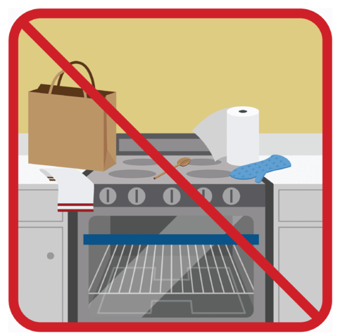 An oven and stove with several flammable items sitting on them. The whole image has a red outline and slash through it