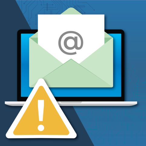 an illustration of a laptop with an open email message and a yellow caution triangle representing that this is a scam email message