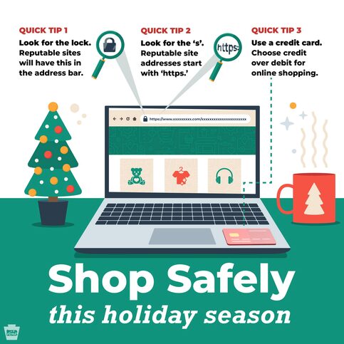 An open laptop is stilling next to a christmas tree and a steaming mug. Above the laptop are three tips for online holiday shopping safety.