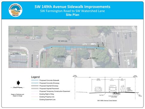 A map showing the area of the sidewalk building project as well as a cross-section of property, sidewalks, and lanes of traffic.
