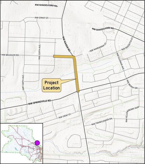 Kaiser Road (Springville Road to Brugger Road) location map with set showing project is in far east Washington County