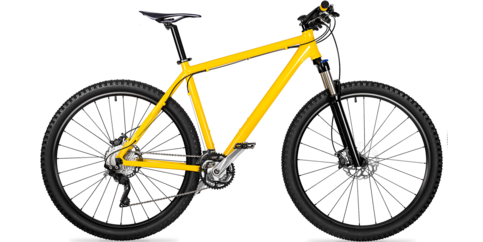 A yellow bicycle with black tires and a black seat, shown from the side