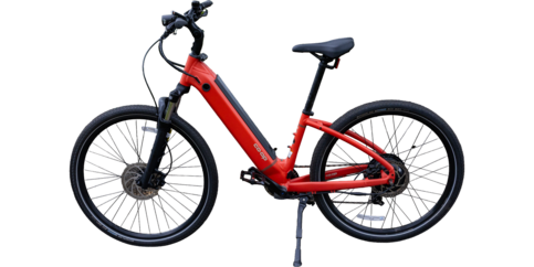 A red Class 1 electric bike with black tires, a step-through frame, and a kickstand, shown from the side