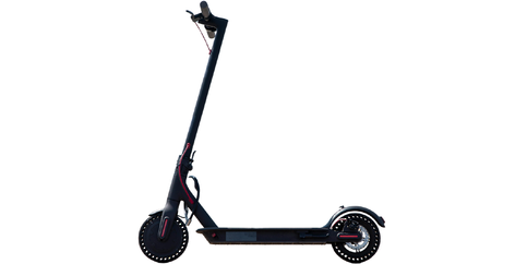 A black electric scooter with a slim frame, upright handlebar, and solid tires, shown from the side